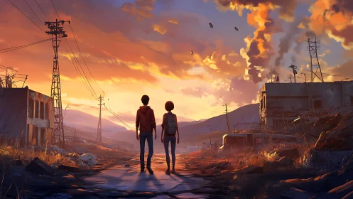 Two figures on ruined road under vivid sunset sky.