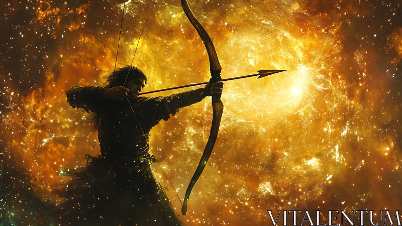 Celestial archer draws bow against incandescent cosmic vortex.