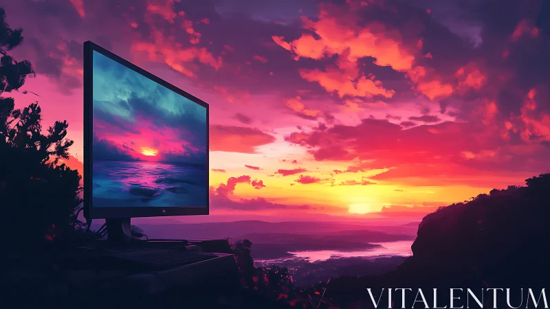 Digital monitor mirrors vivid sunset over glowing horizon.