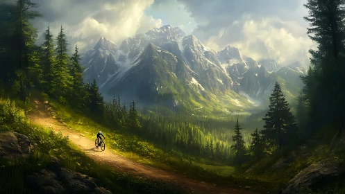 Mountain biker on sunlit forest trail beneath snow-capped peaks