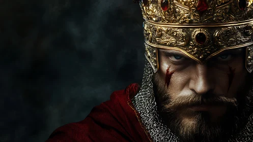 Battle-scarred medieval king glares from shadowed throne
