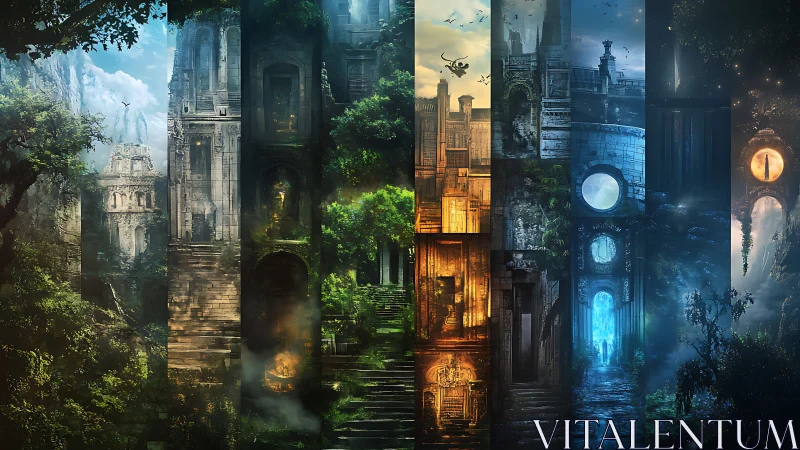 Segmented fantasy citadel under dynamic chromatic atmospheres.