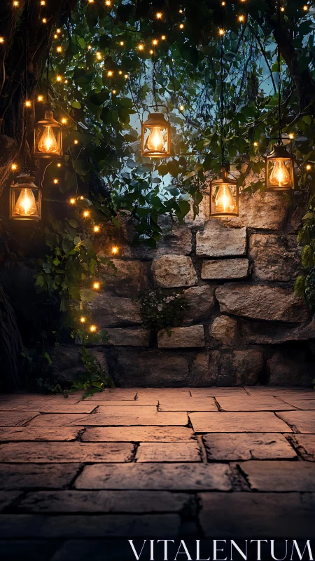 Digital painting of lantern-lit ivy courtyard with stonework focus.
