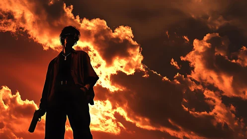 Silhouetted gunman against dramatic backlit fiery sunset cloudfield