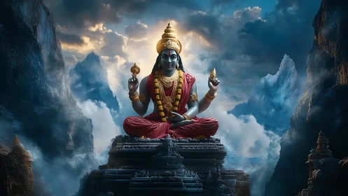 Digital depiction shows seated deity figure amid mountain landscape