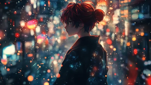 Silhouetted anime youth stands in glowing bokeh city lights