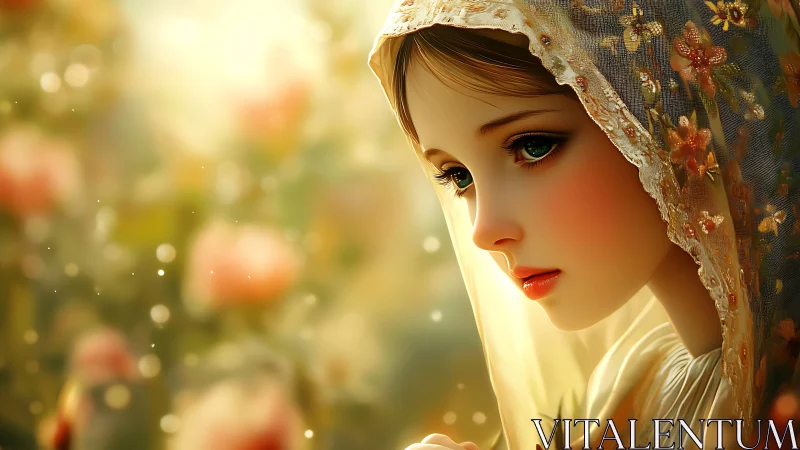 Sunlit garden girl wrapped in lace-kissed quiet wonder.