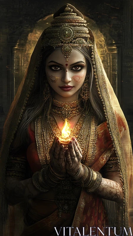 Divine goddess portrait holds sacred flame in ornate sari.