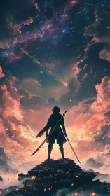 Lone swordsman gazes into a blazing cosmic sky of destiny.