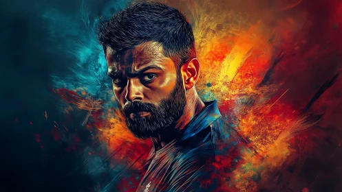 Intense male portrait cuts through explosive dual-color backdrop