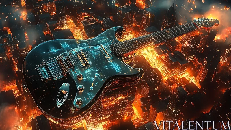 Neon storm guitar glides above a burning circuit cityscape