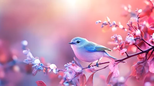 Delicate bluebird on pastel branch in dreamy, soft-focus style.