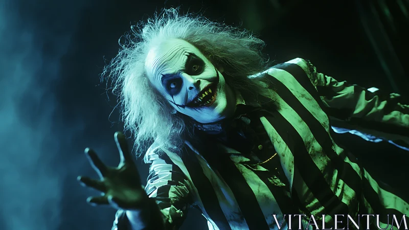 Grinning ghoul in striped chaos lunging through neon fog.