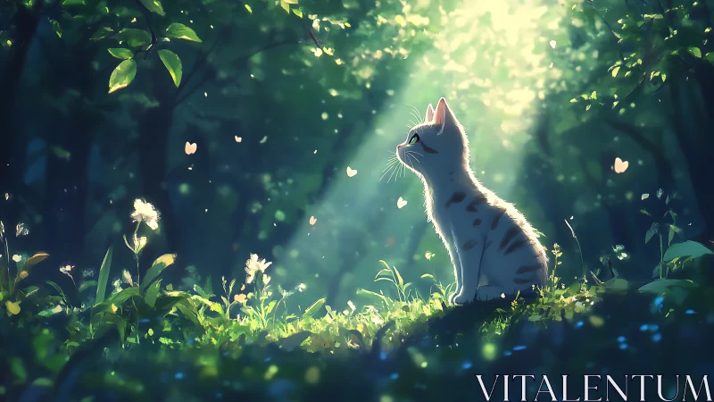 Luminescent Cat in Enchanted Forest Glade.