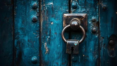 Weathered blue door invites curiosity with rustic metal lock