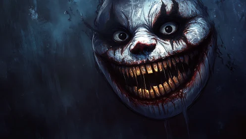 Grotesque clown face with wide bloody grin in darkness.