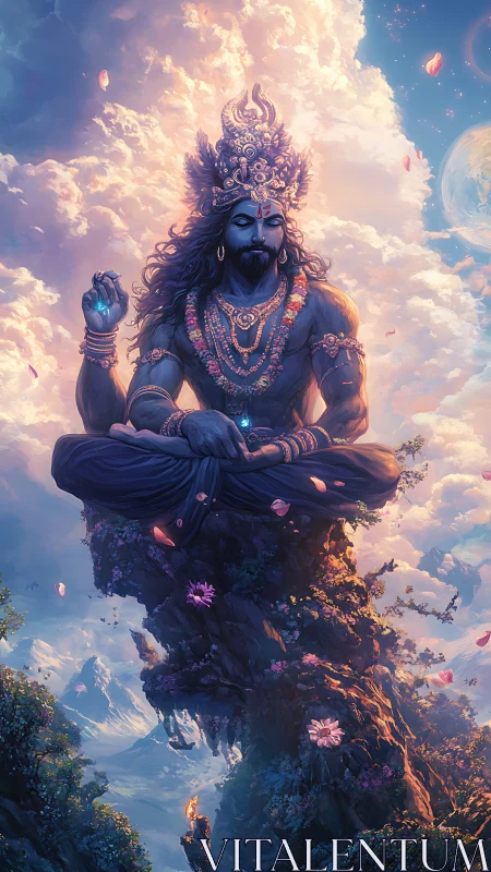 Majestic blue deity meditating above floating mountain peak.