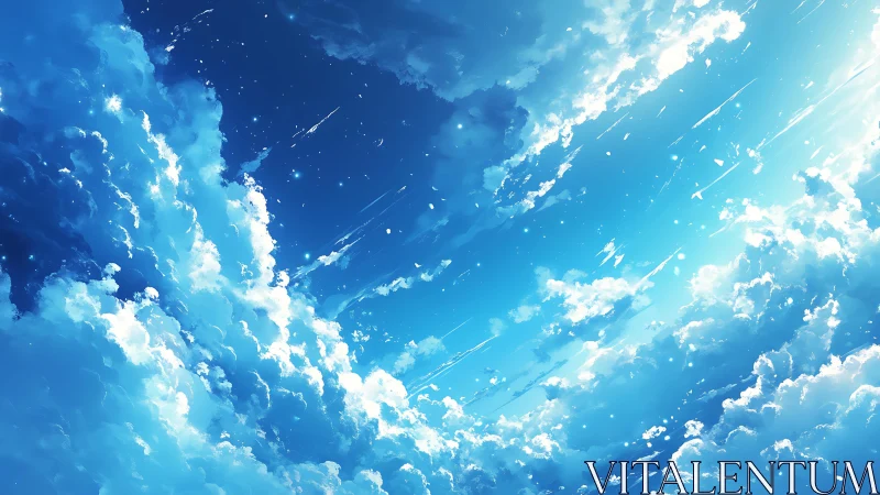 Radiant summer sky swirls with luminous drifting clouds.