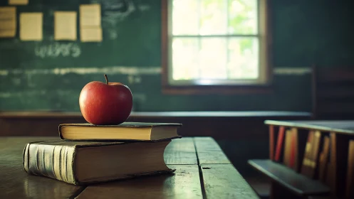 Stacked books and apple rest on worn classroom desk