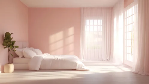 Soft pink minimalist bedroom with sunlight and draped curtains.