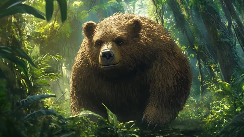 Brown bear walking through dense green forest sunlight.