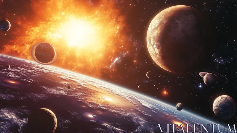 Radiant cosmic sunrise over swirling planets and stars.