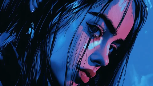 Neon-lit portrait captures intense gaze in electric blue
