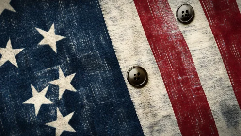 Closeup of worn US flag fabric with buttons attached