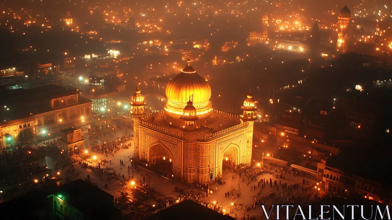 Golden domed mosque glows over dense city nightscape.
