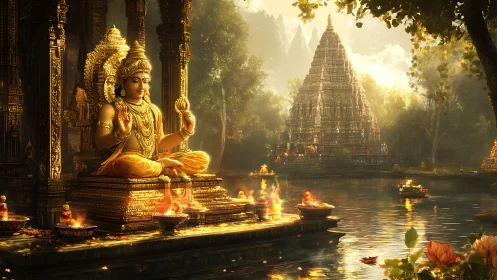 Golden riverside temple and serene meditating deity at dusk.