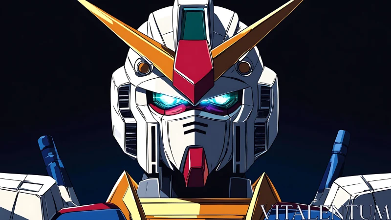 Symmetrical mecha portrait in high-contrast anime linework.