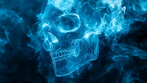 Luminous blue flaming skull drifts through swirling smoke.