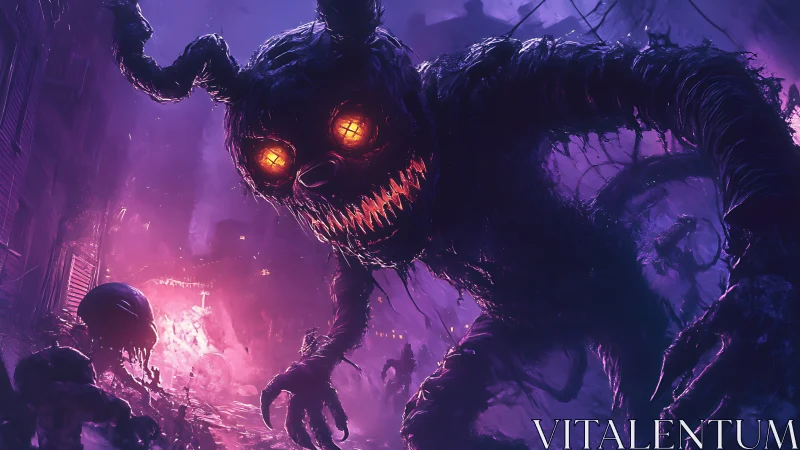 Luminescent void-creature stalking a neon-corrupted alleyway.