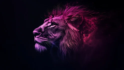 Neon spectral lion profile with particulate mane diffusion.