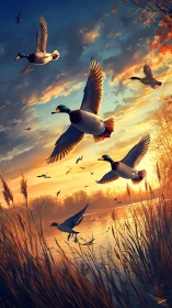 Golden evening welcomes ducks soaring over quiet marsh