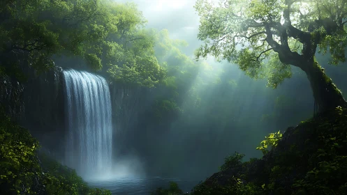 Misty Waterfall Deep Forest Sanctuary.