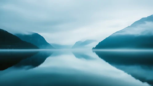 Mist-draped mountains trade secrets with a mirror-still lake