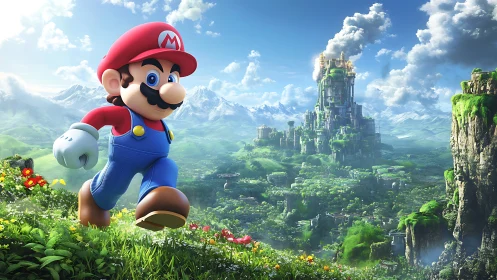 Cartoon plumber character traverses lush fantasy valley