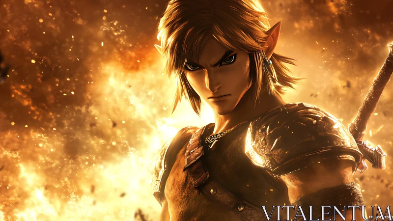 Heroic elf warrior emerges from blazing golden inferno.