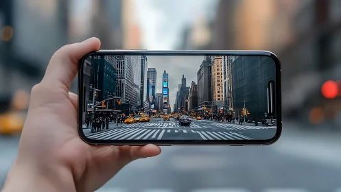 Hand-held smartphone frames an urban street intersection