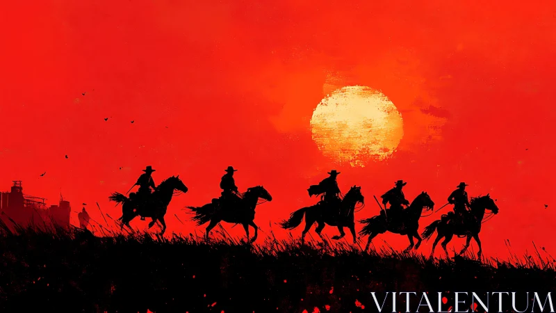Silhouetted riders traverse horizon under textured neon red sun