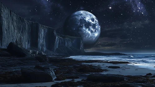 Moon-sized sphere rises behind sea cliffs under starry sky
