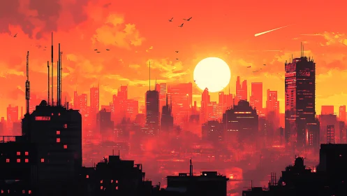 Radiant megacity skyline under volumetric sunset diffusion.