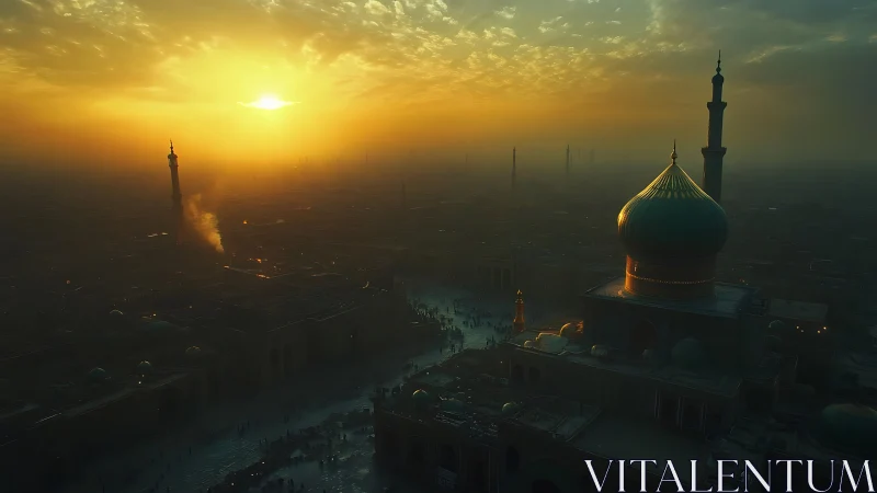 Sunset over domed mosque skyline in dense hazy city.