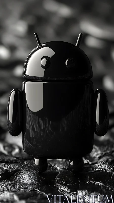 Glossy black android robot figure on textured surface.
