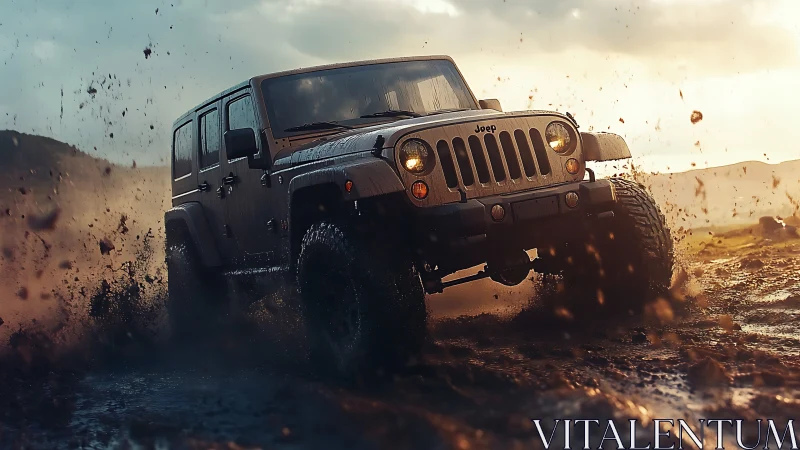 Off-road Jeep powers through muddy terrain at golden hour