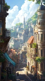 Sunlit hillside city street opens into a dreamy fantasy view