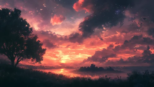 Radiant sunset ignites tranquil lakeside castle horizon