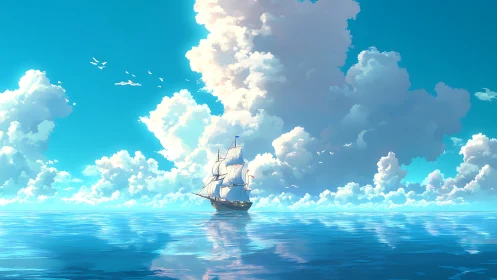 Tall ship under towering cumulus clouds on reflective sea.