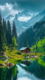 Lakeside cabin dreaming beneath storybook glacier peaks.